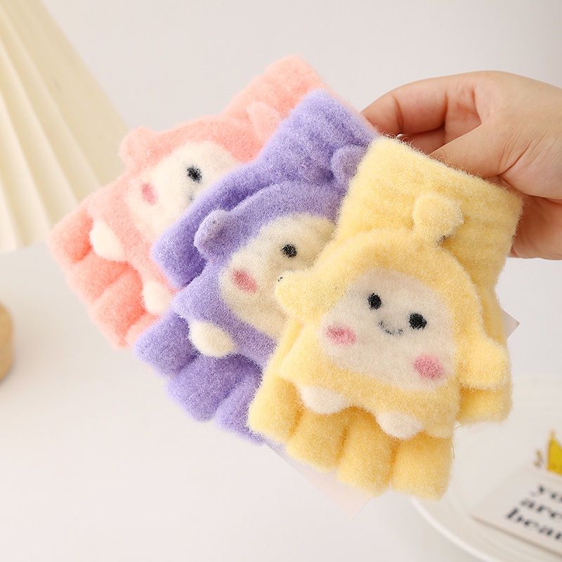 6-12岁超柔加厚半指翻盖手套学生写字半截保暖露指秋冬季暖手套