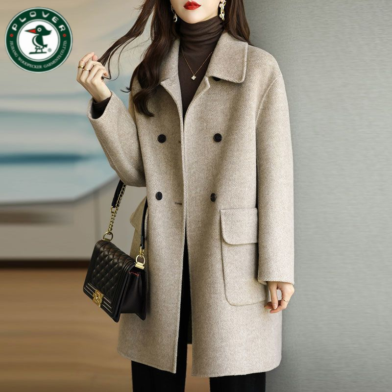 琢木鳥2023新款羊绒外套女显瘦双排扣中长款开衫毛呢外套长袖大衣