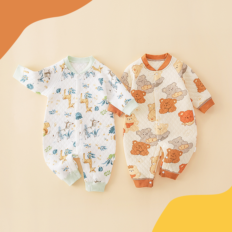 婴儿夹棉连体衣秋冬爬服新生儿衣服0-3个月宝宝加棉保暖哈衣睡衣