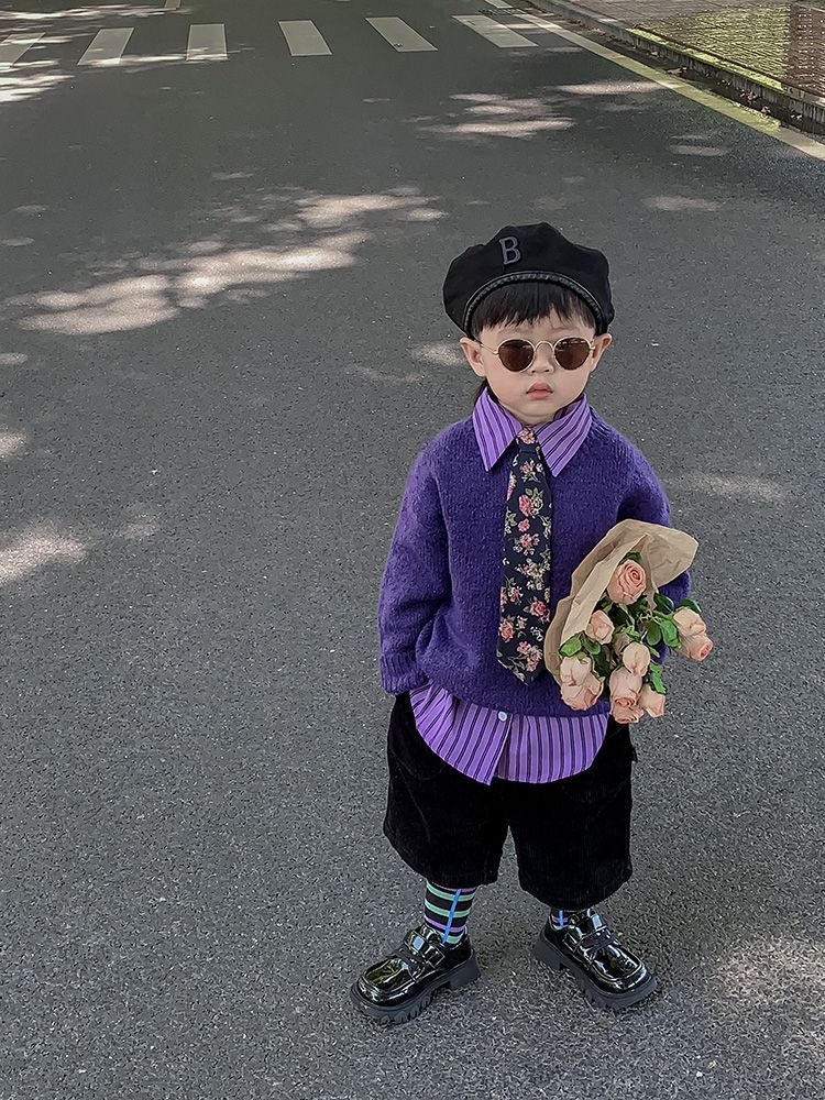 男童套装春秋款2024韩版男女宝宝潮酷帅气紫色毛衣衬衫裤子三件套