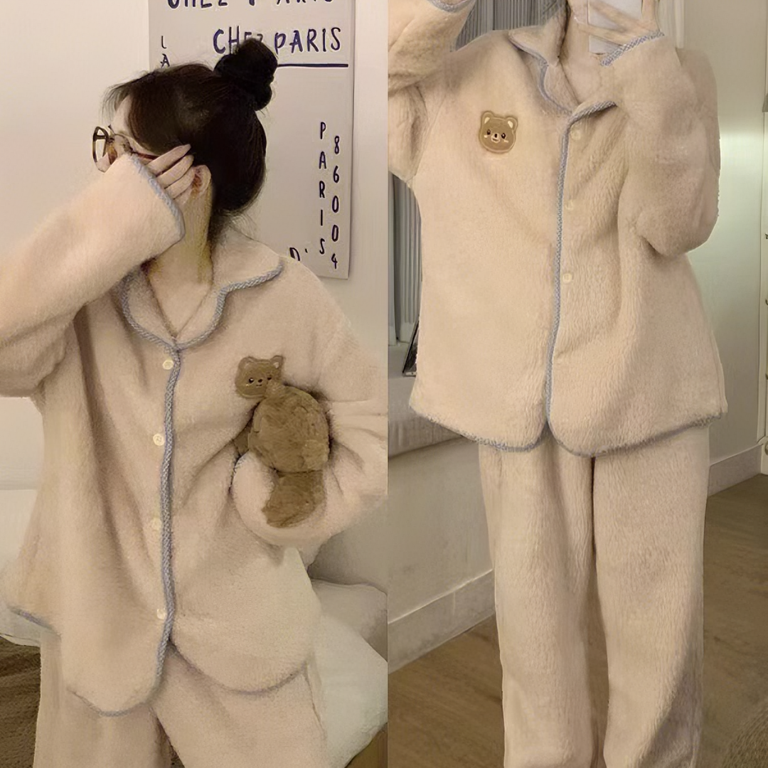 2023年秋冬季简约可爱小熊珊瑚绒睡衣女加绒加厚家居服套装可外穿