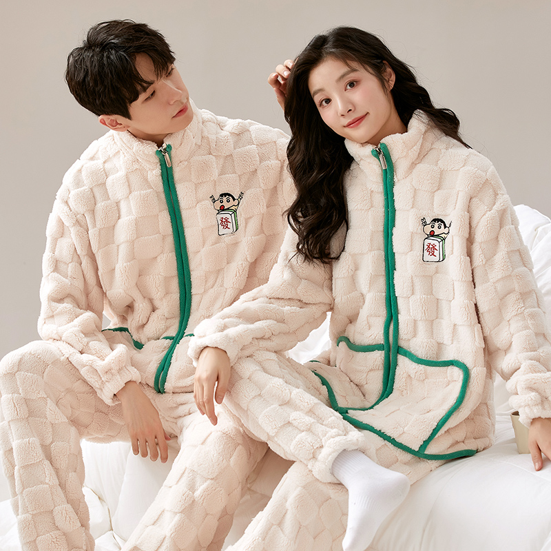 秋冬季睡衣长袖拉链情侣套装长毛绒提花绒男女卡通外穿家居服套装