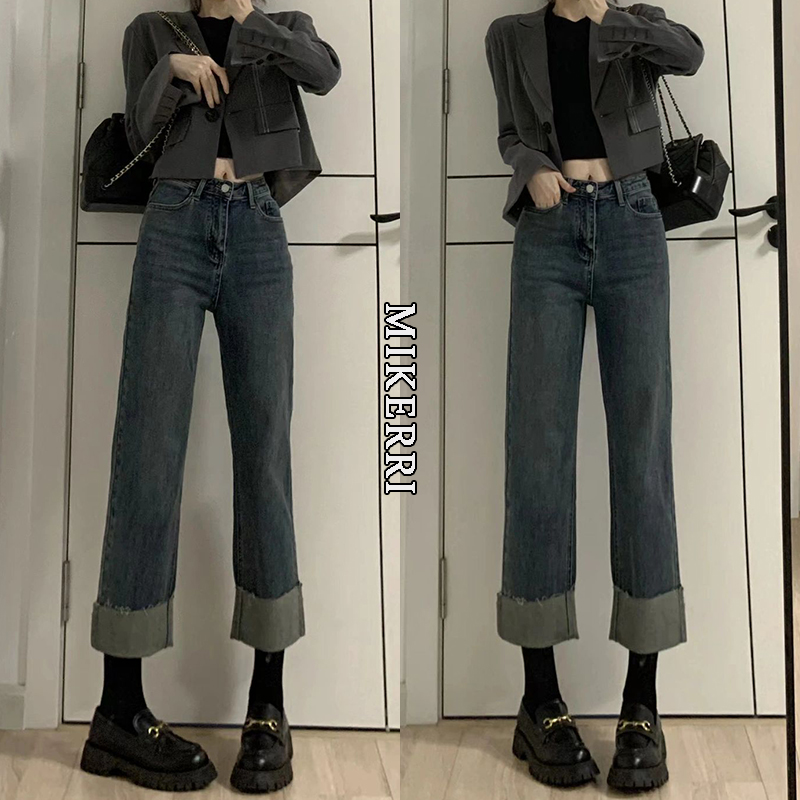 大码直筒软牛仔裤女秋冬加绒胖mm宽松显瘦小个子卷边九分烟管裤子