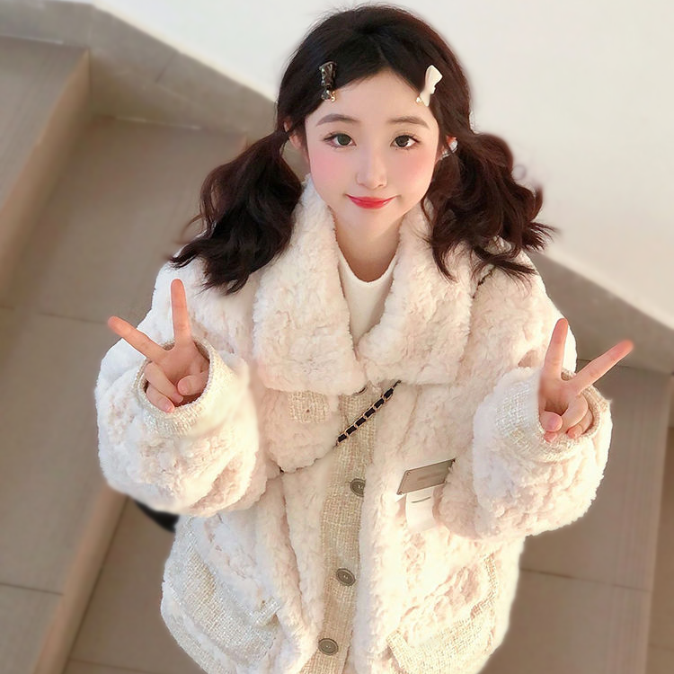 小香风仿皮草羊羔毛外套女秋冬季百搭拼接小个子夹棉加厚宽松上衣