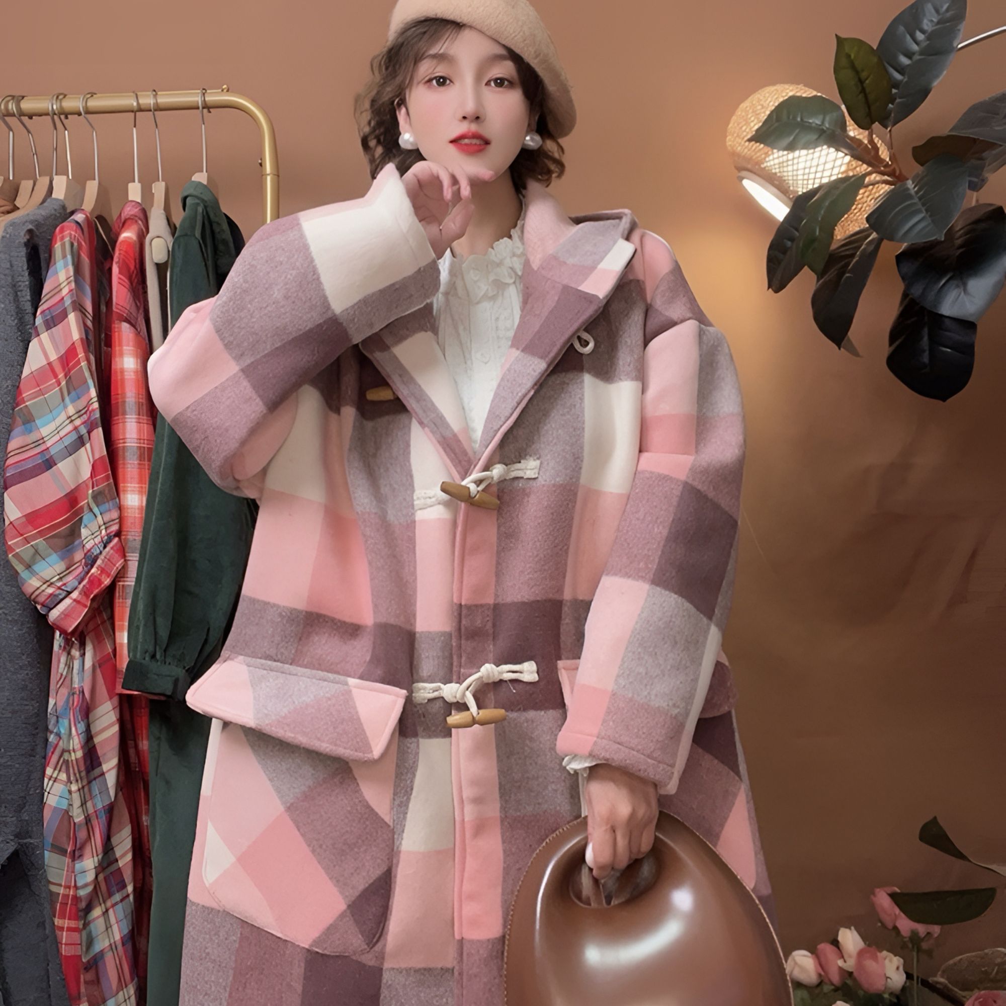 【喜柚自制】西西里漫花 韩版加厚气质连帽秋冬宽松毛呢大衣外套