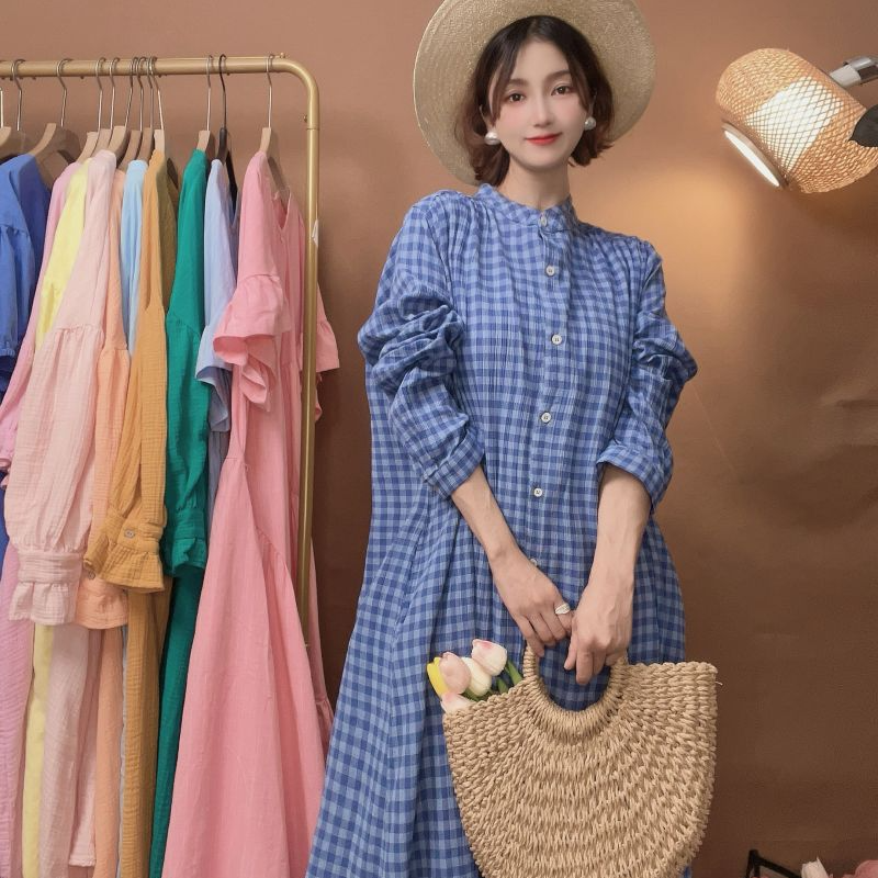 【喜柚自制】远山黛 复古格子小清新显瘦春秋女装连衣裙