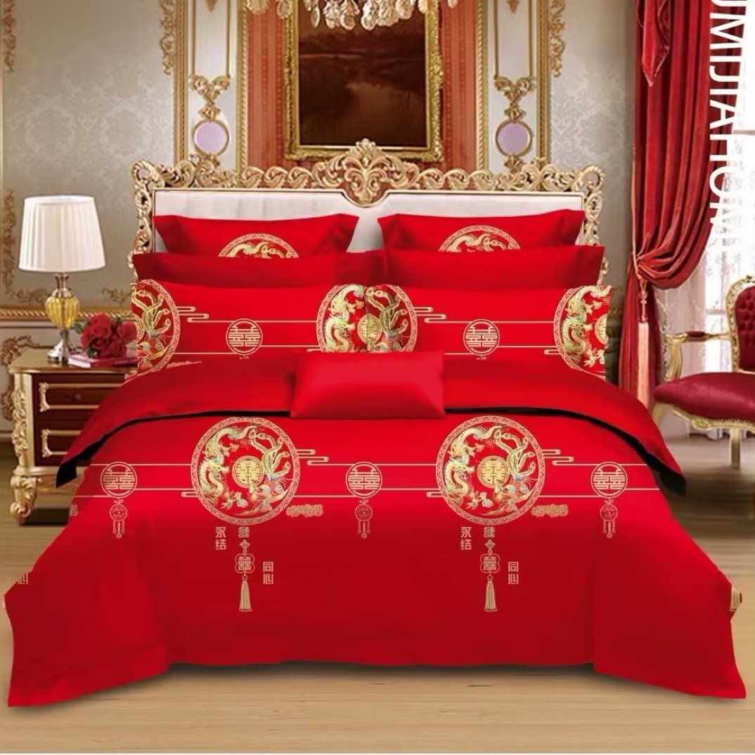 清沐家纺纯棉定制-大红纯棉高支高密磨绒面料-金玉龙凤