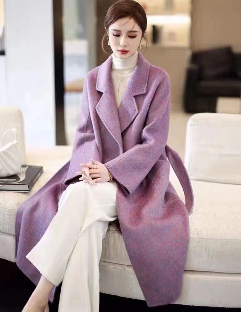 韩版时尚女士秋冬新紫色双面羊毛大衣外套宽松加厚中长款厂家直销