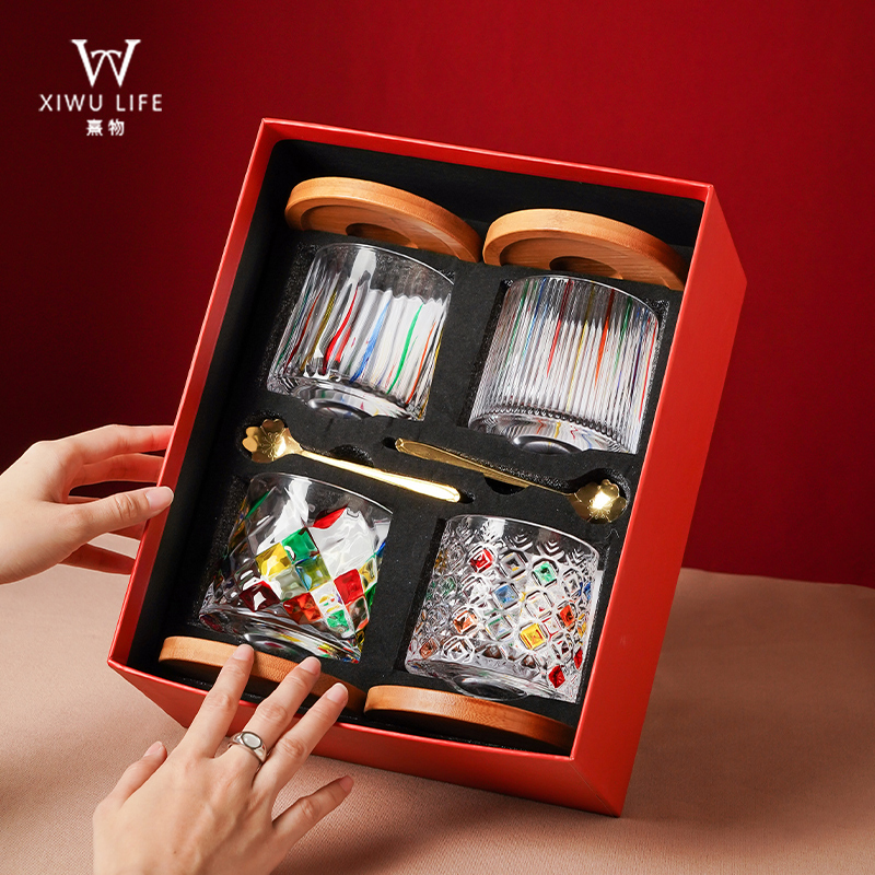 熹物【转转杯】彩绘宝石威士忌酒杯杯子水晶乔迁生日水杯新婚送礼