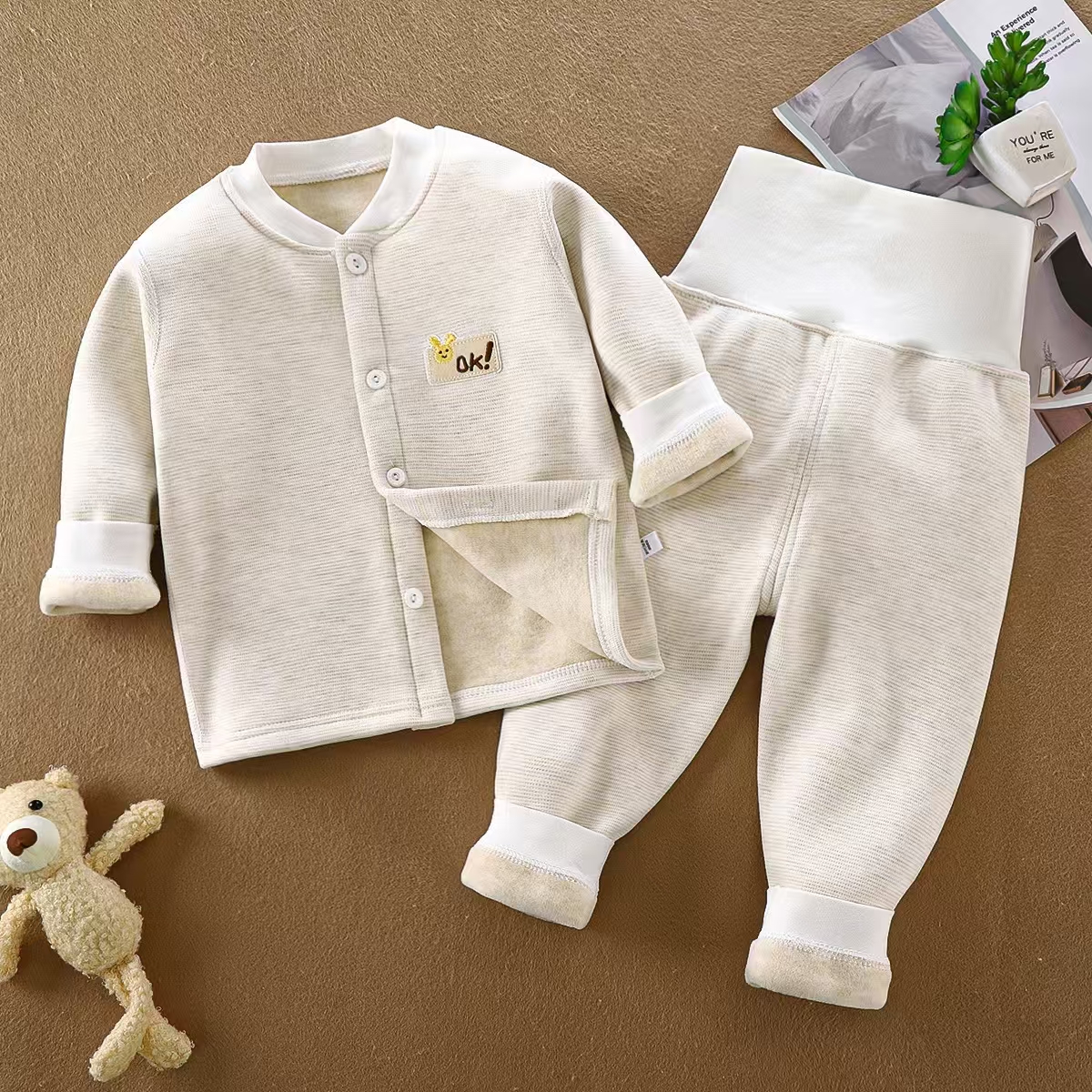 冬季加绒宝宝无骨内衣中小童加厚开衫家居服婴儿高腰护肚保暖套装