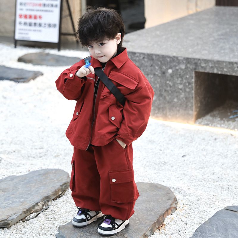 男女童2024秋冬季新款加绒红色套装洋气开衫外套+工装裤二件套潮