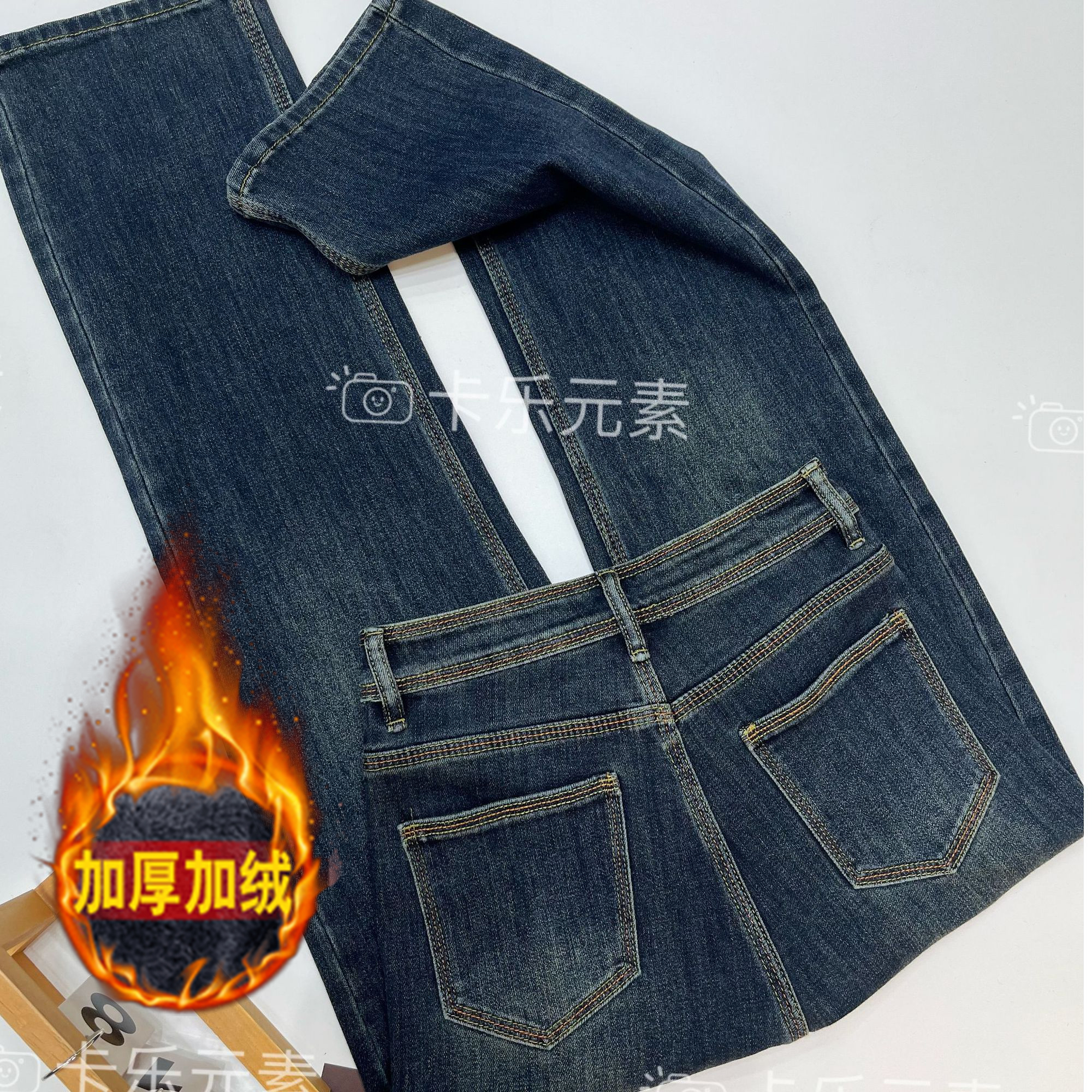 KALEELEMENT/卡乐元素加绒/单裤 窄版直筒牛仔裤女高腰显瘦裤子