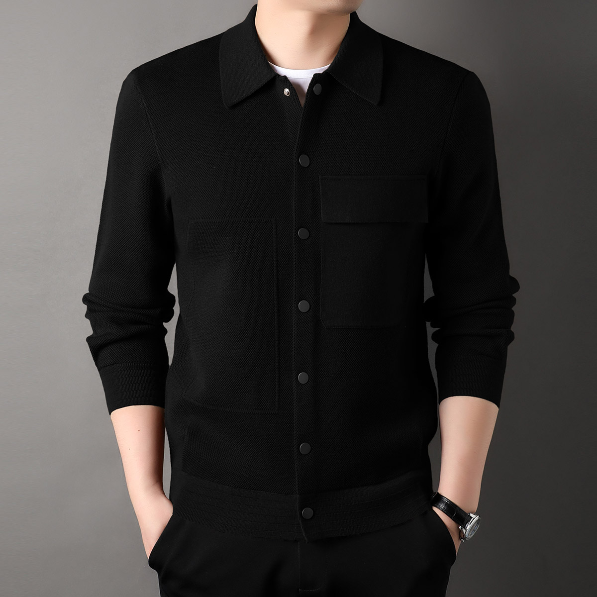 新款夹克式针织衫外套男秋冬季翻领含绵羊毛潮流工装通勤毛衣开衫