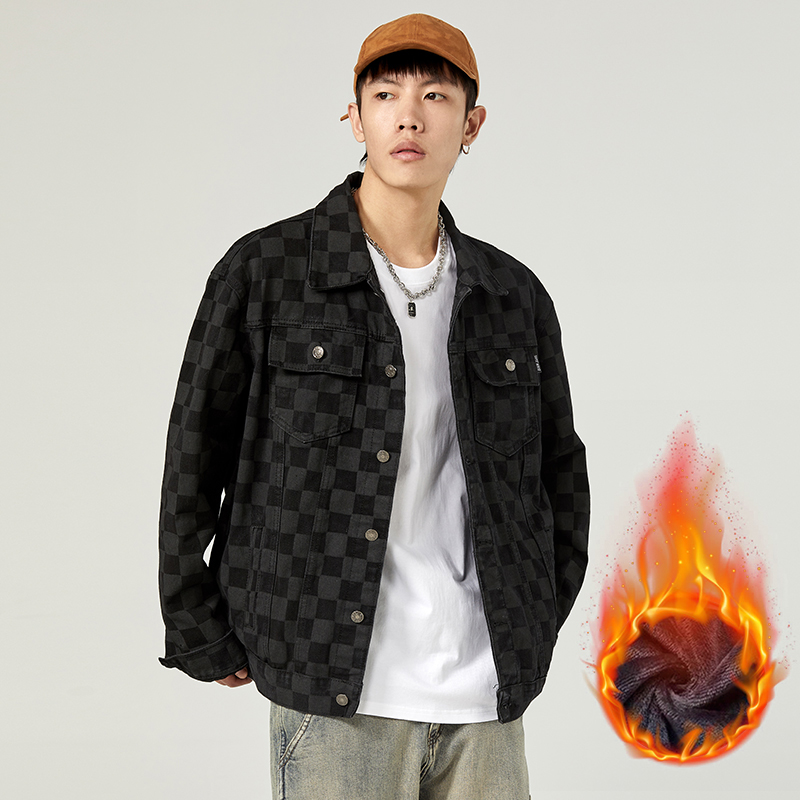 【旗哥潮】加绒加厚牛仔外套男士潮牌夹克宽松棋盘格子上衣服翻领冬