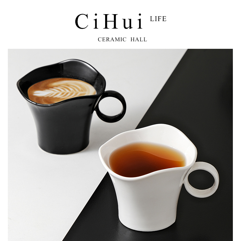 创意个性陶瓷马克杯纯色黑白情侣杯咖啡杯水杯赫本高颜值釉下彩