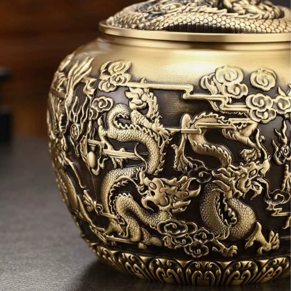 全黄铜新款九龙茶叶罐摆件