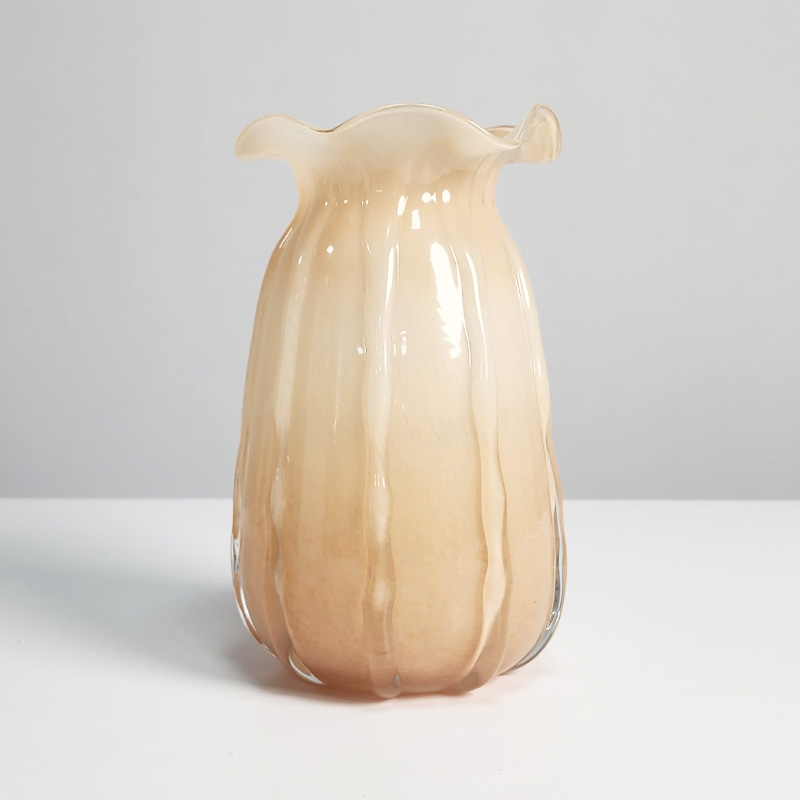 【高26cm】摩瑟家居【花瓣口竖棱米粉色】HCDF花瓶摆件玻璃花盆