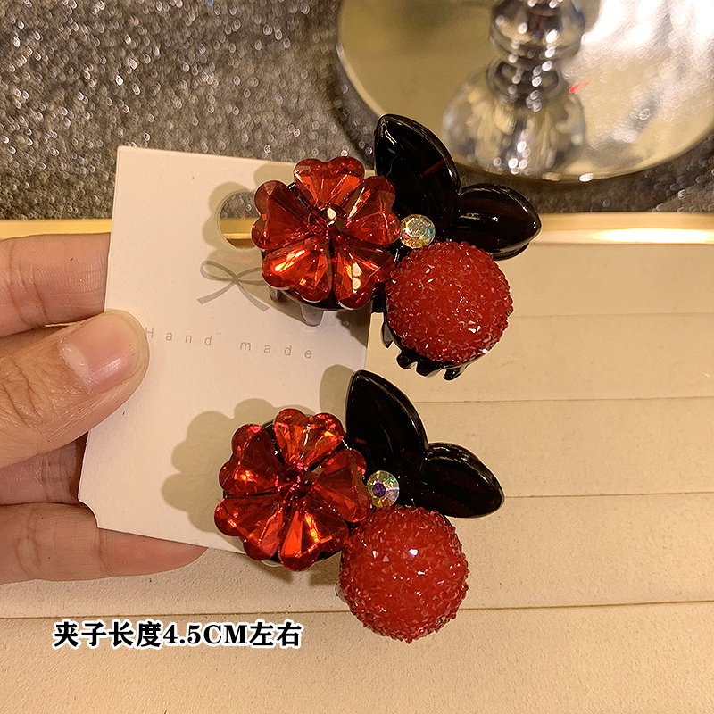 红色满钻樱桃小抓夹女亲子款刘海侧边碎发夹气质半扎发小发夹