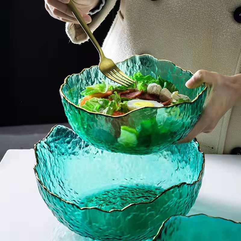日式金边锤纹玻璃家用轻奢大碗水果蔬菜沙拉碗盘高颜值网红甜品