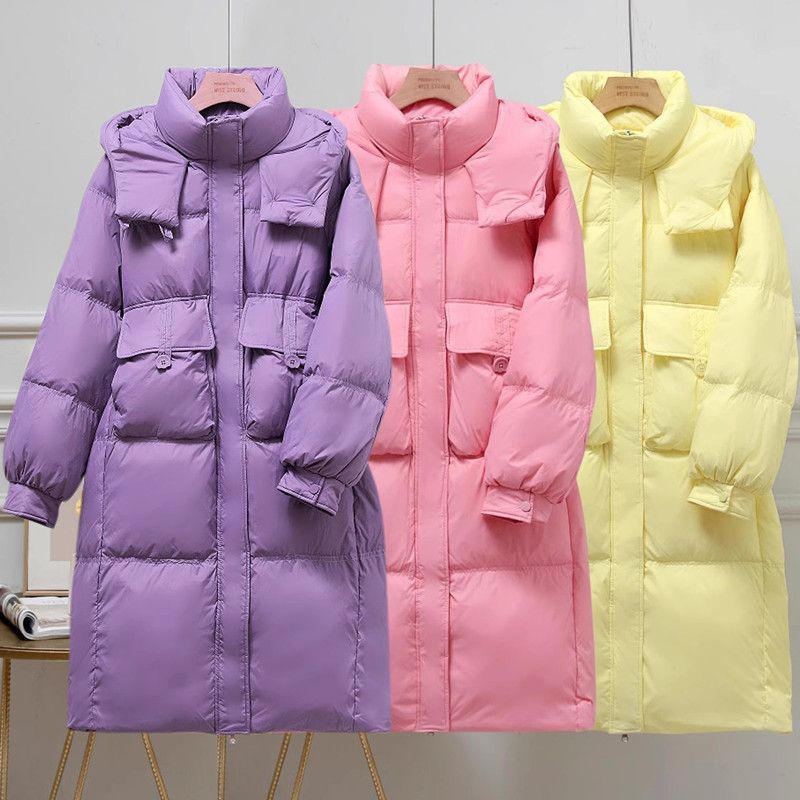 羽绒服女2023冬装新款韩版宽松中长款连帽加厚收腰显瘦白鸭绒外套