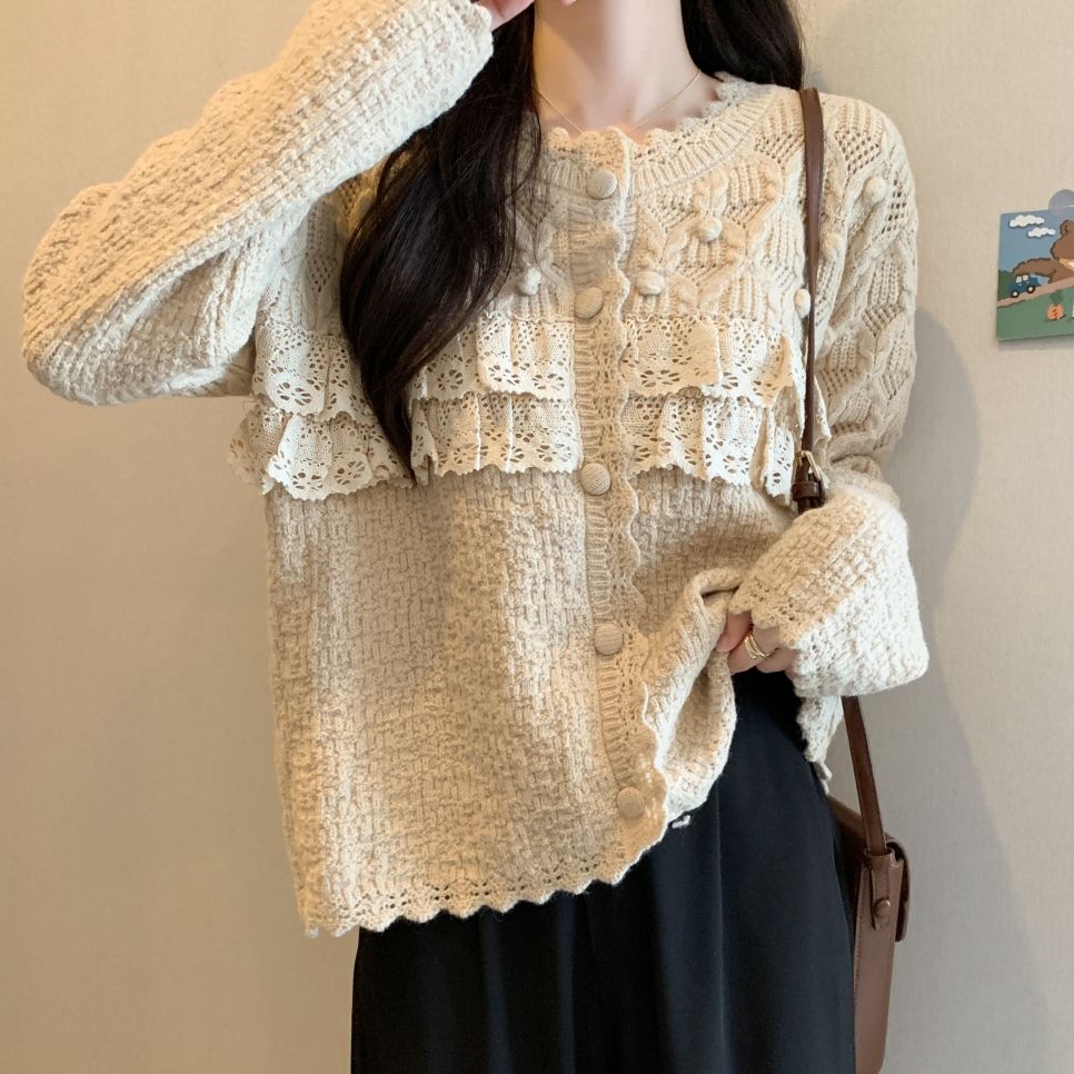 法式复古蕾丝拼接针织开衫外套女秋冬季毛衣外穿显瘦洋气减龄上衣