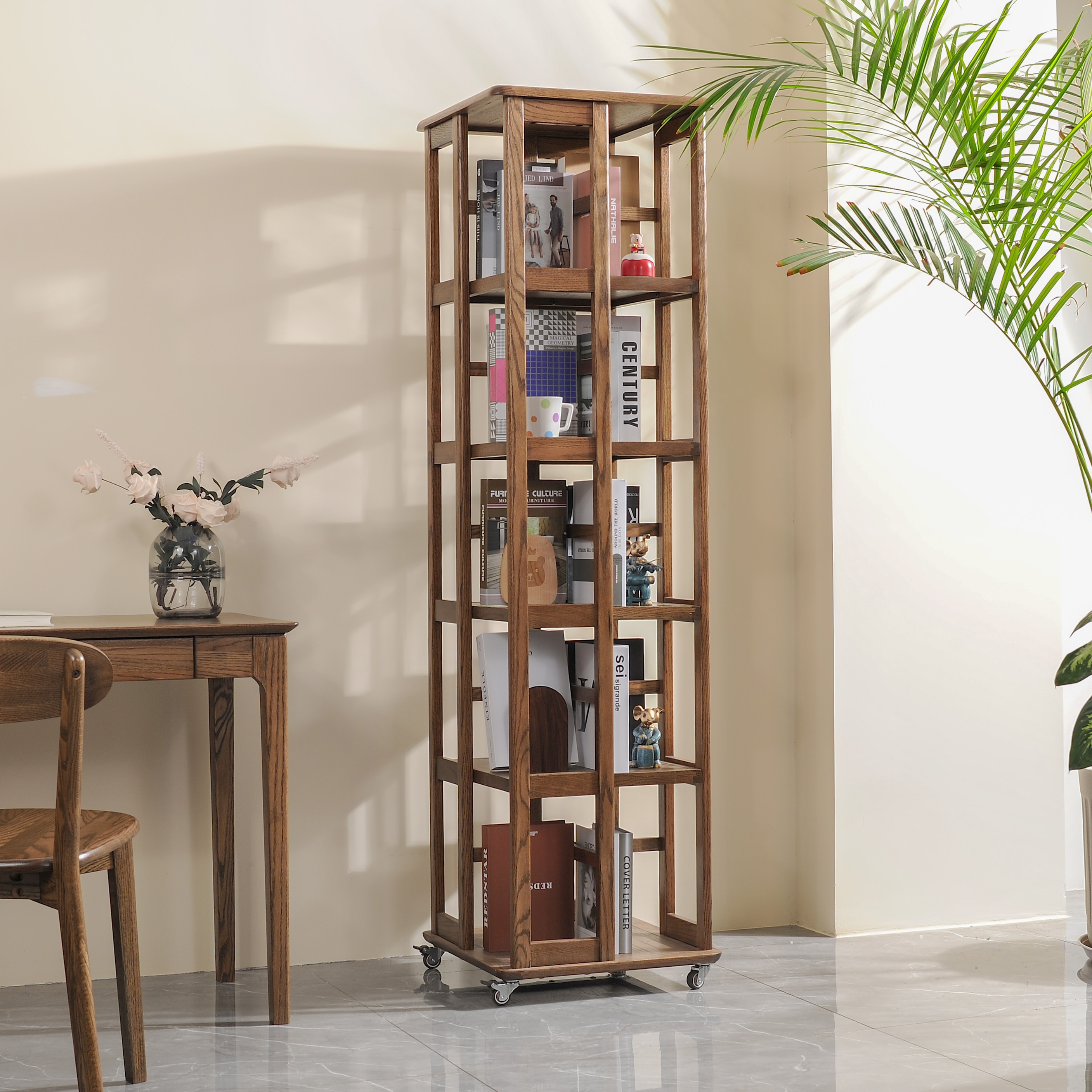 CW625P进口北美红橡木五层移动书柜置物架静音轮（包安装）