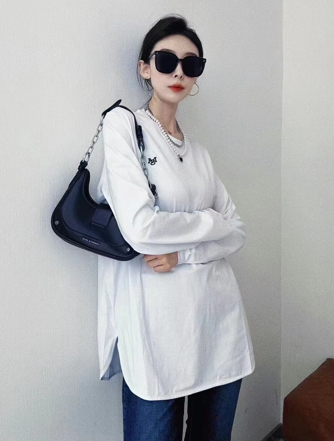 MASIENDI玛丝恩迪中长款白色宽松简约长袖T恤女ins