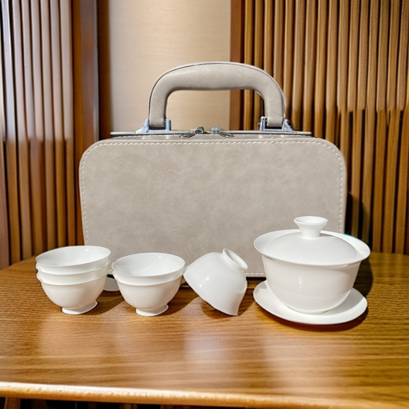 潮汕骨瓷茶杯礼盒装元宝盖下110高脚杯40毫升6只户外旅行茶具套装