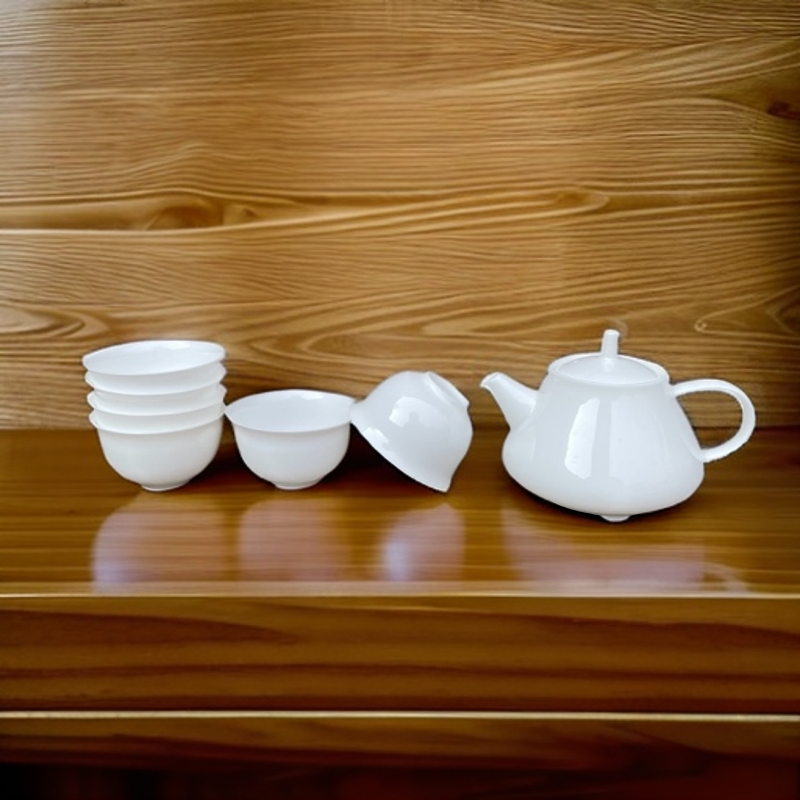 潮州骨质瓷石瓢壶100毫升加6个30毫升玉兰杯工夫茶小号套装