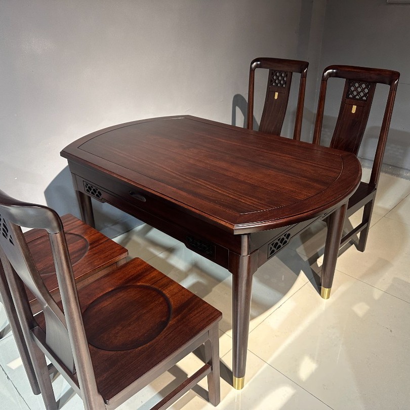 新中式简约美式黑檀木餐桌椅组合可折叠伸缩圆桌家用饭桌收缩椅子