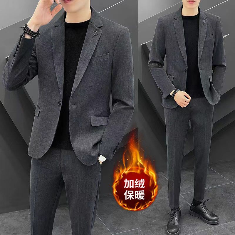 男男士休闲加绒小西装韩版修身套装秋冬季高级感西服青年小西服