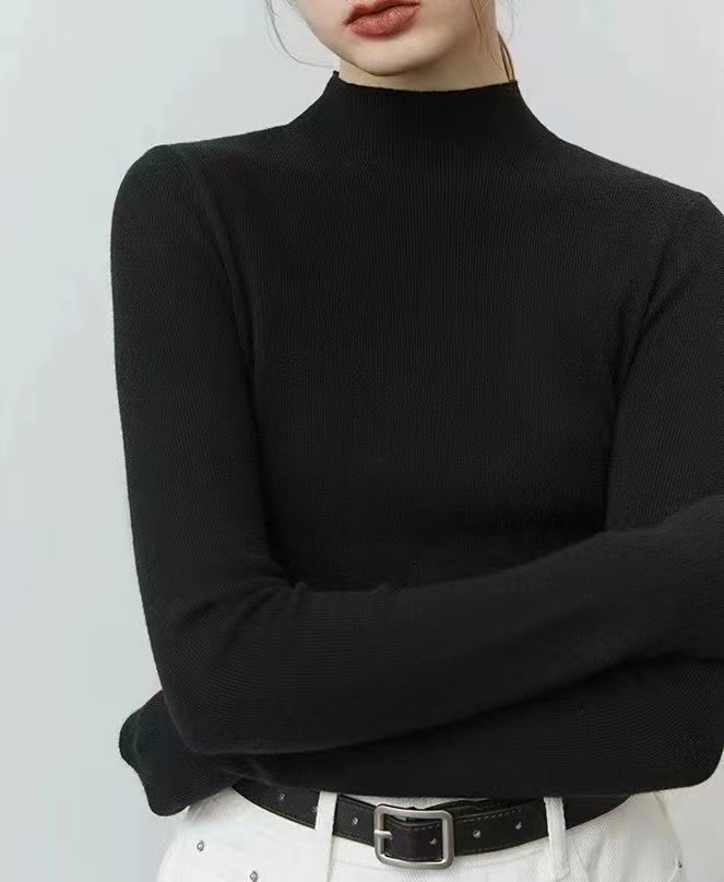 纯色长袖内搭半高领时尚女士修身羊毛堆领堆堆领