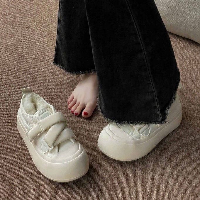 回力潮品奶fufu面包鞋女2023冬款丑萌冬加绒棉鞋子厚底松糕魔术贴