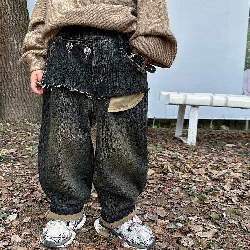 【双12活动】男童裤子一体绒牛仔裤冬装新款韩版拼接儿童秋冬加绒