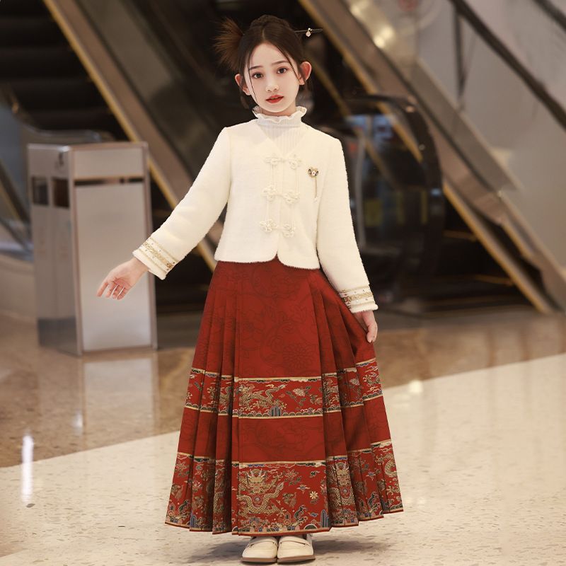 冬季夹棉加厚外套秋冬唐装儿童冬装马面裙套装女童新中式国风汉服