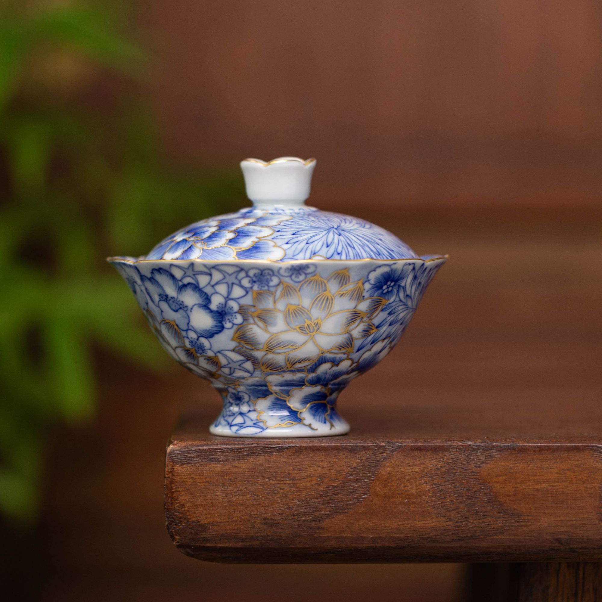 万花描金葵口两才盖碗  景德镇高端陶瓷手工手绘专用茶具120ml