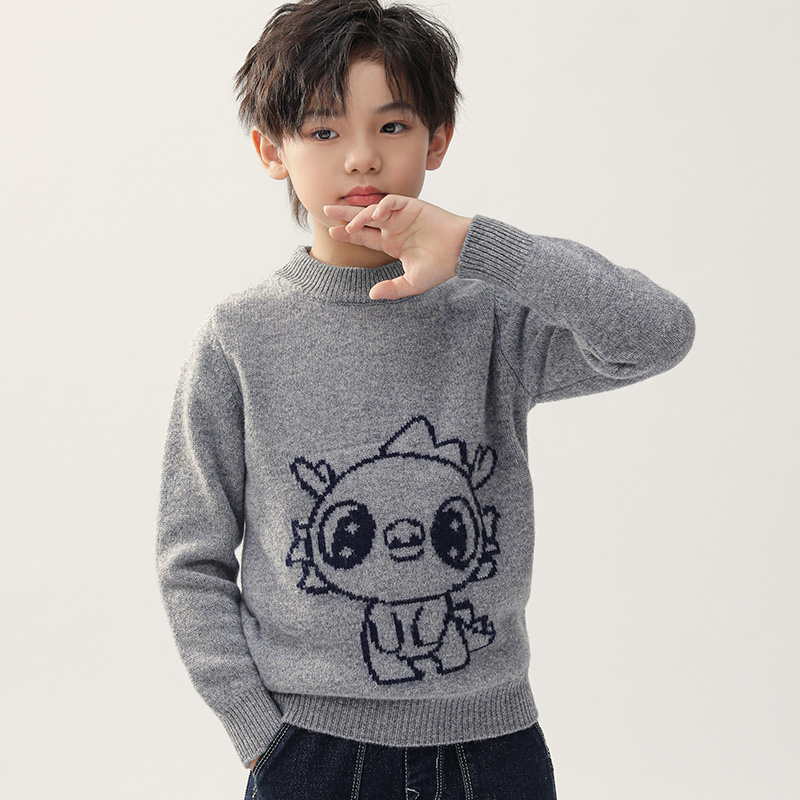 33高端圆领儿童羊毛衫男女童装秋冬款软糯毛衣套头可爱卡通龙打底