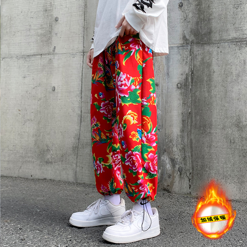 东北大花裤子男士秋冬季款牡丹红花直筒宽松束脚加绒加厚休闲长裤