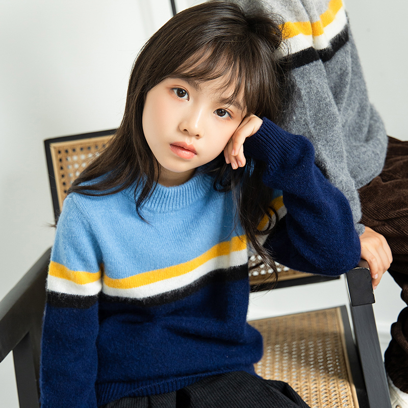 男女童条纹小宝宝冬季加厚100%纯羊毛衫中大童洋气套头针织打底衣