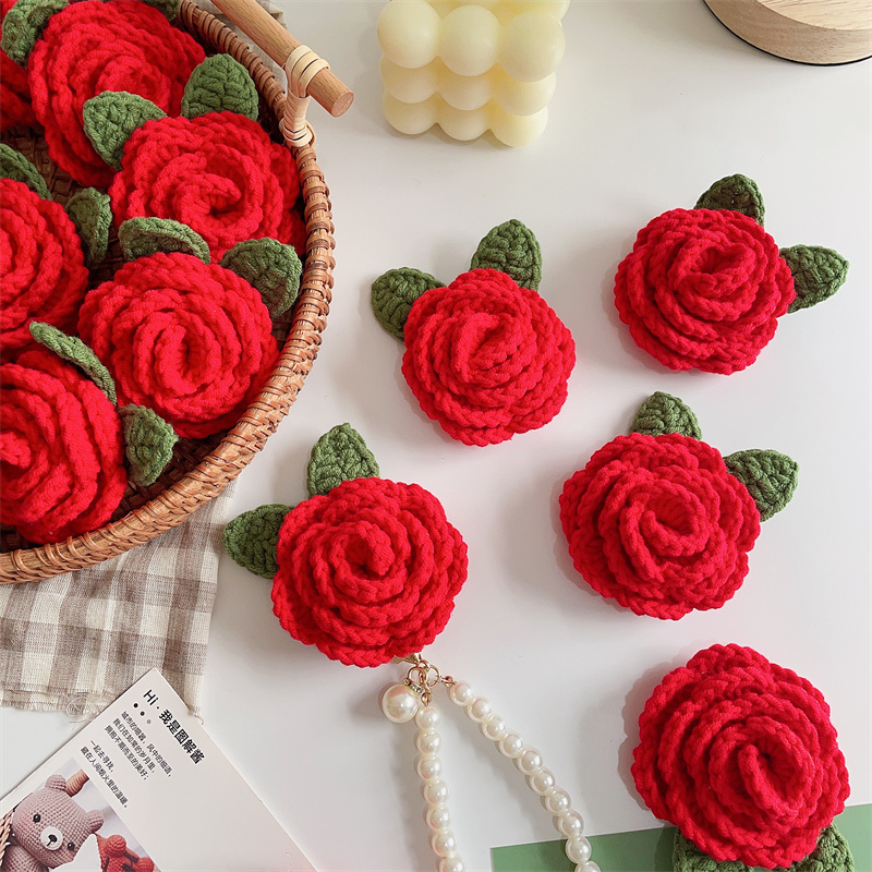 玫瑰花钥匙扣挂件diy手工勾毛线新手入门学习教程钩针编织材料包
