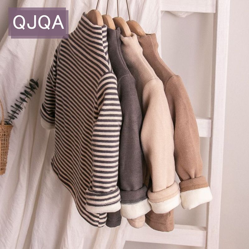 QJQA童装德绒打底衫加绒加厚半高领长袖高档秋冬女童男童宝宝上衣