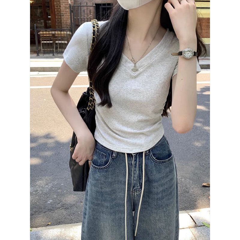啄木鸟棉正肩感小众短袖T恤女夏季褶皱设计新款不规则修身显瘦棉