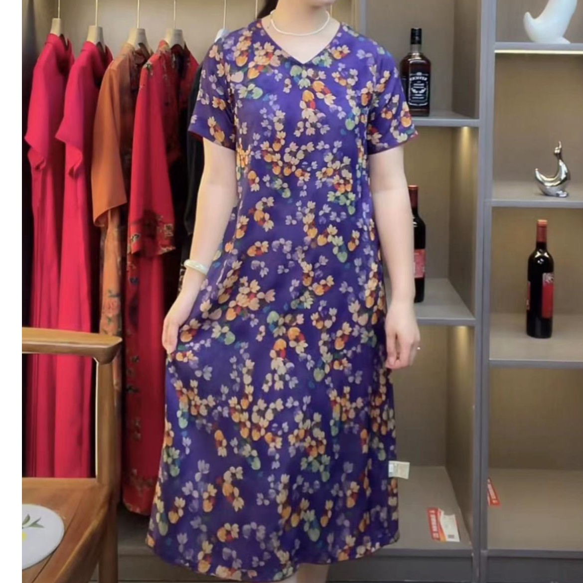 （阔太太）新款V款双面双穿气质高雅时尚妈妈装连衣裙