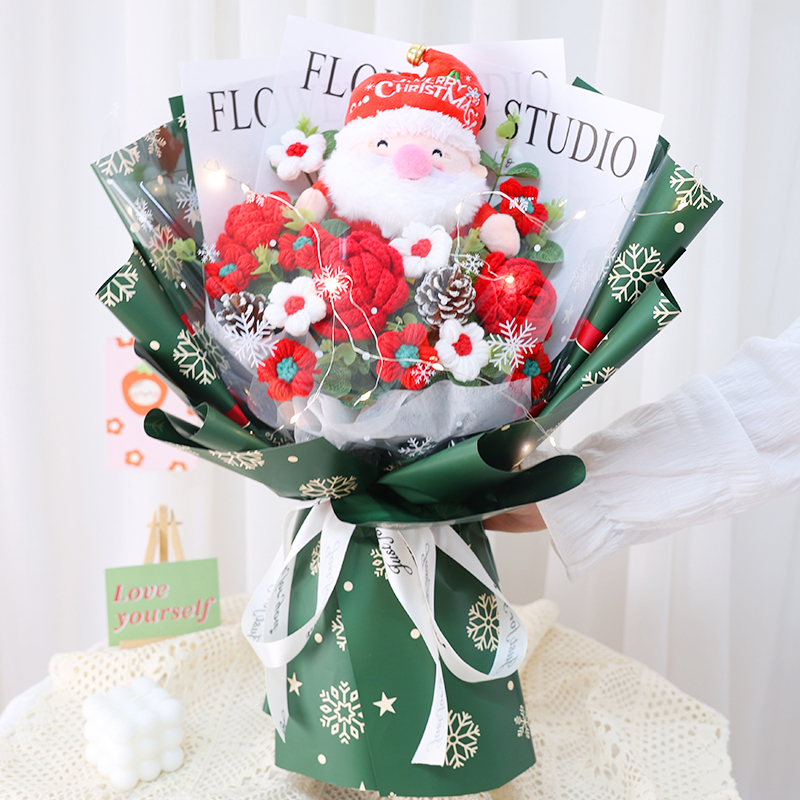 实用圣诞节礼物创意卡通圣诞老人玩偶花束仿真玫瑰毛线花送女朋友