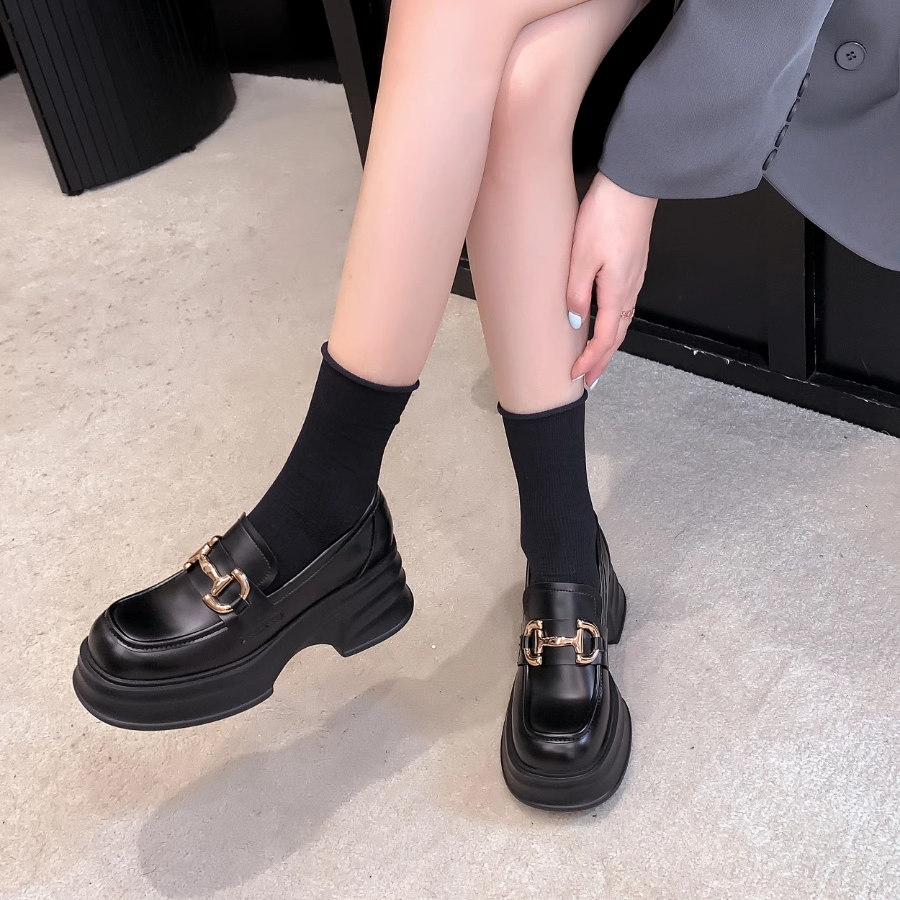 时尚厚底乐福鞋女2024春秋新款英伦风增高松糕鞋一脚蹬女鞋小皮鞋