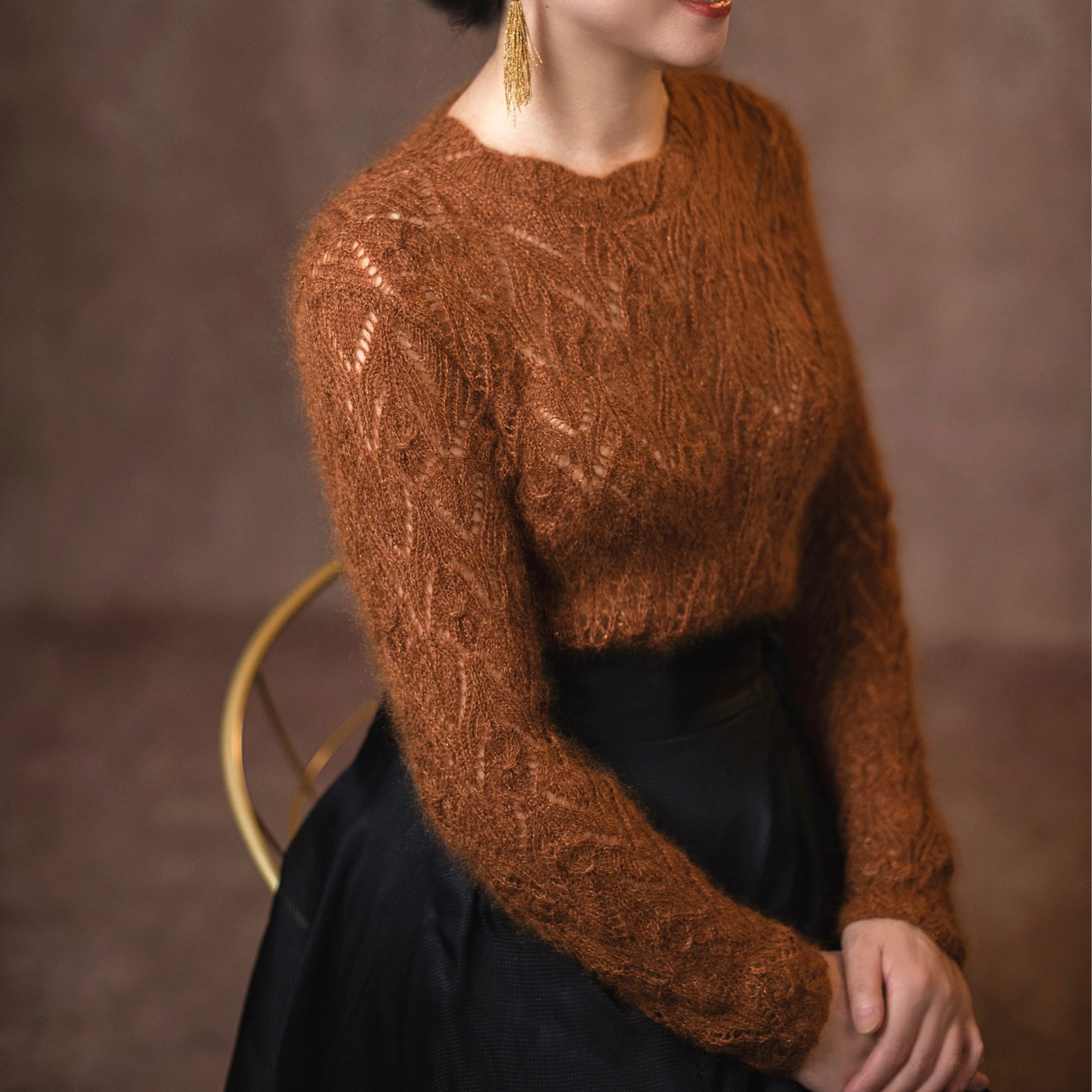 复古半高领针织衫金梦材料包非成品逸致设计羊绒真丝马海手编毛衣