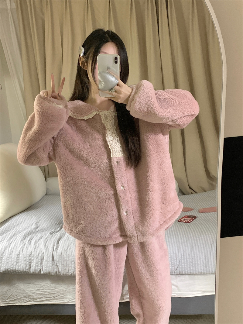 甜美娃娃领冬款睡衣女秋冬季新款加厚法兰绒学生长袖家居服套装