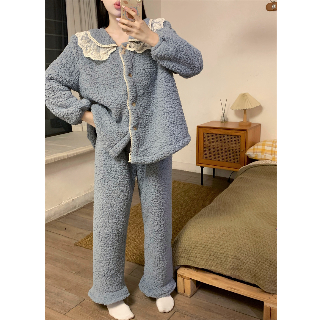 羊羔绒睡衣女冬季加厚加绒保暖韩版甜美蕾丝珊瑚绒家居服两件套装