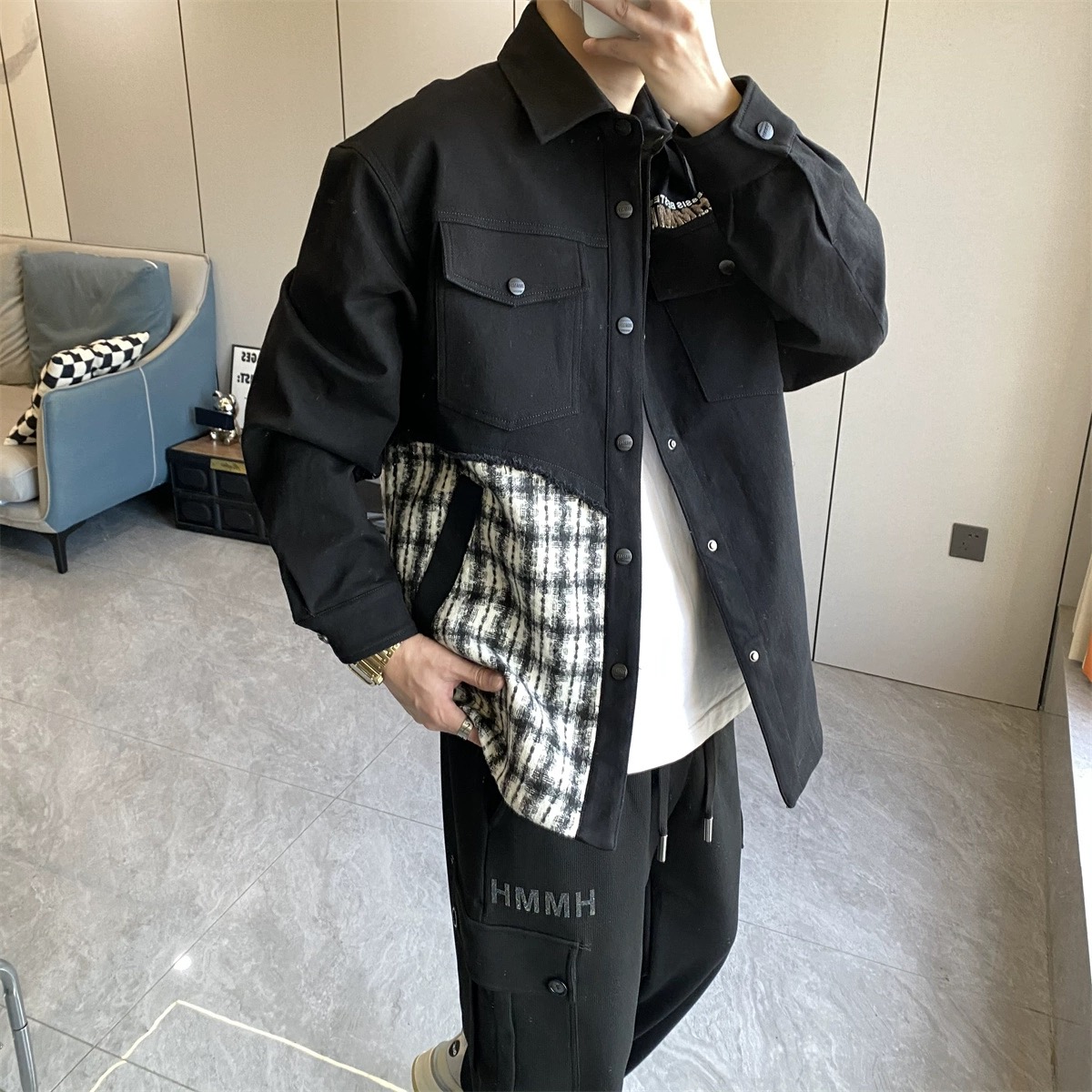 DG奢潮原创/（秋冬）拼接格子牛仔夹克（8535028）