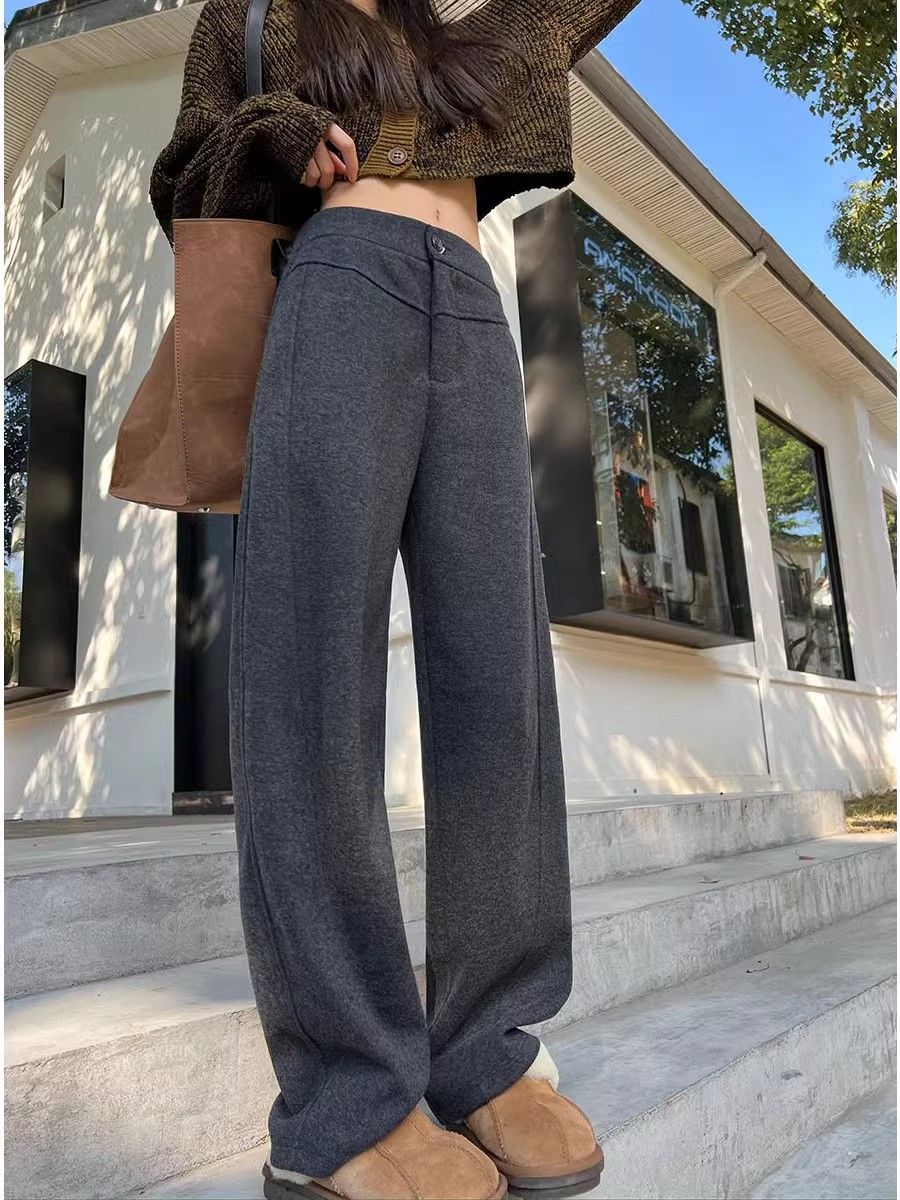 灰色香蕉裤女秋冬季款加厚直筒窄版阔腿裤休闲羊毛呢垂感弯镰刀裤